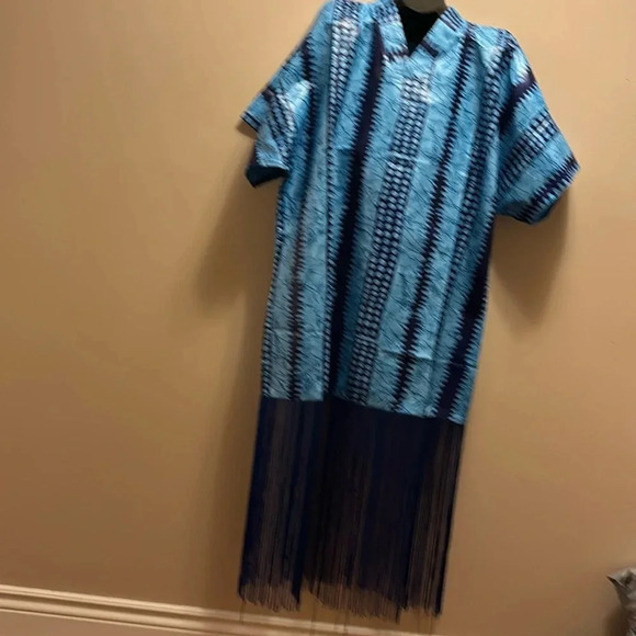 ZIXLUXE Fashion Loose Fit half Fringe Adire Kaftan | Coverup | maxi V neck dress - Picture 3 of 12